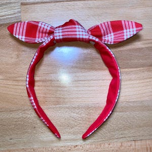 Red Palaka Headband with removable bow- Hawaiian Gingham Top Knot Headbands - Made in Hawai’i