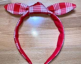 Red Palaka Headband with removable bow- Hawaiian Gingham Top Knot Headbands - Made in Hawai’i