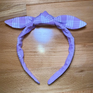 Lavender Palaka Headband with removable bow- Hawaiian Gingham Top Knot Headbands - Made in Hawai’i