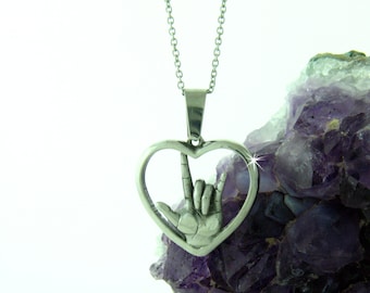 American Sign Language "I love you" Heart Necklace(large or medium pendant), (S247)  ASL  "I love you" hand symbol Necklace