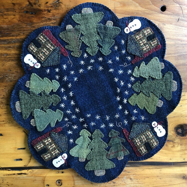 wool applique kit "Winter Cabin Table Mat" pattern by primitive gatherings