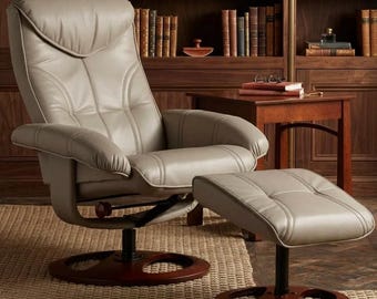 Light brown leather swivel chair with Ottoman-style footrest, modern armchair