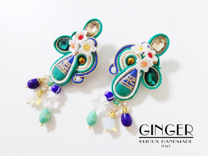 Green egiptian earrings soutache embroidered