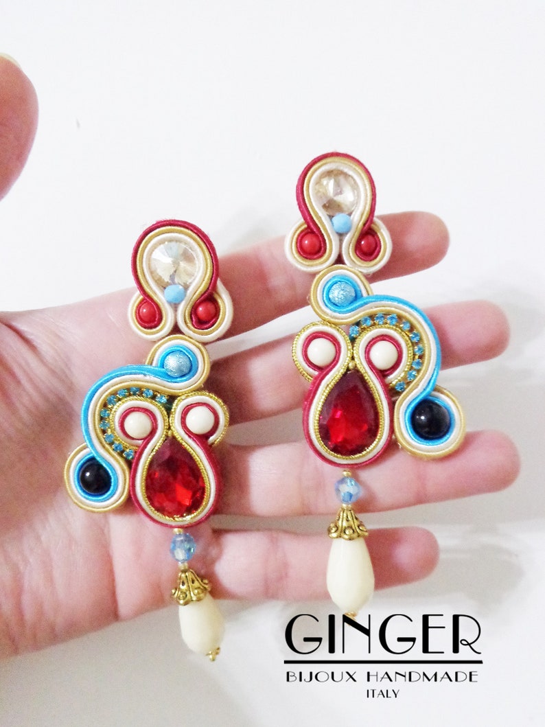 beach jewelry Red turquoise earrings soutache earrings Summer earrings