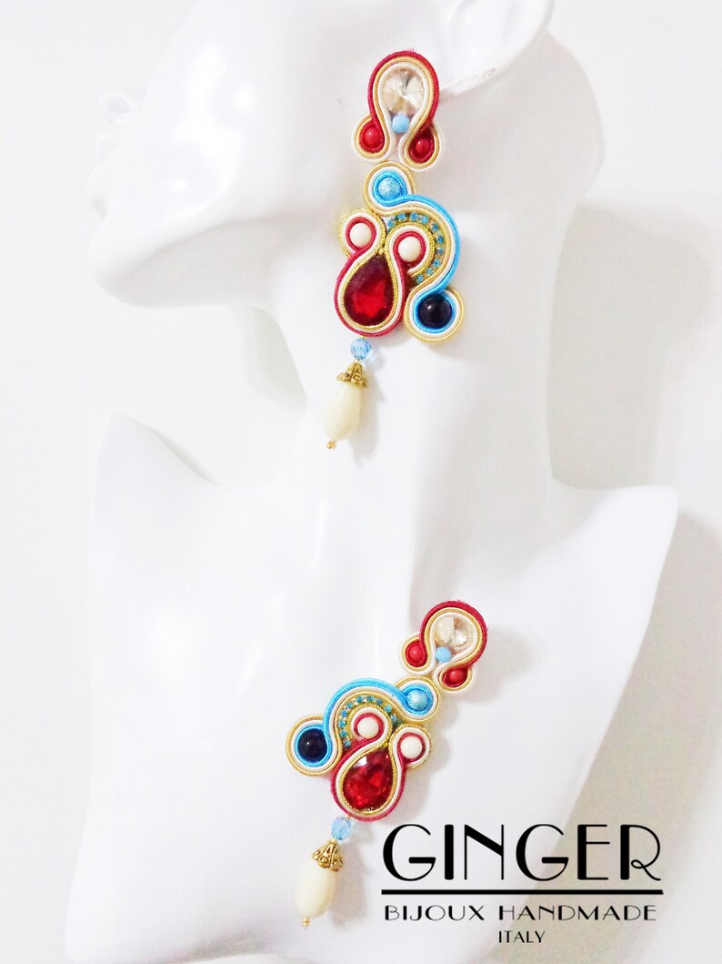beach jewelry Red turquoise earrings soutache earrings Summer earrings