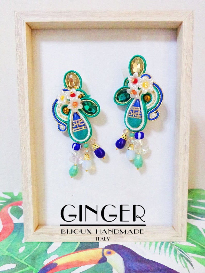 Green egiptian earrings soutache embroidered