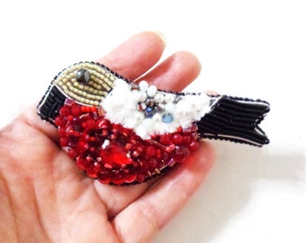 Red bird, bird brooch, bird pin, embroidery bird, brooch bullfinch bird, beaded bird, embroidered bird brooch, Bird Lover gift