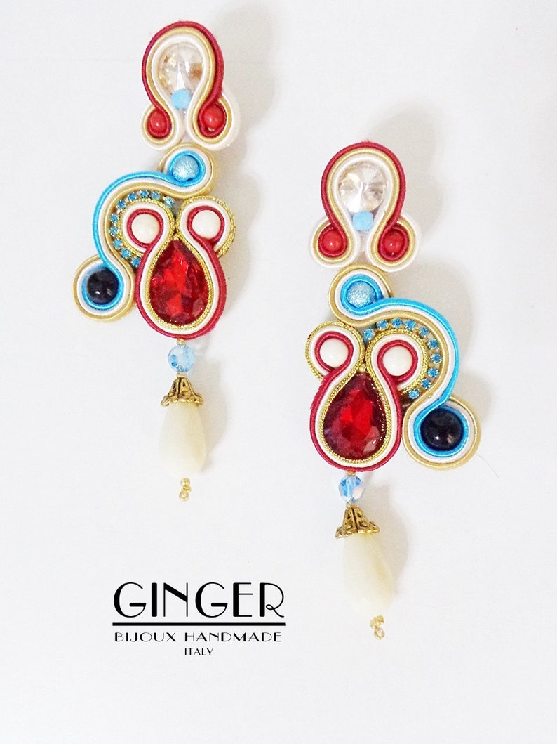 beach jewelry Red turquoise earrings soutache earrings Summer earrings