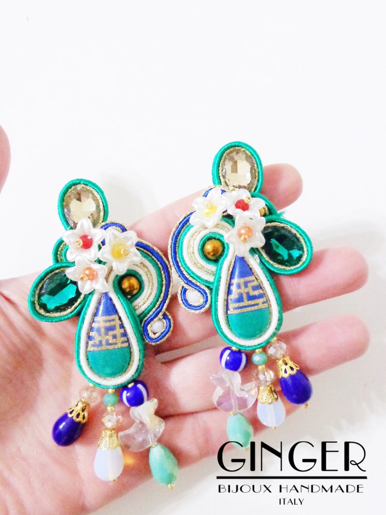 Green egiptian earrings soutache embroidered