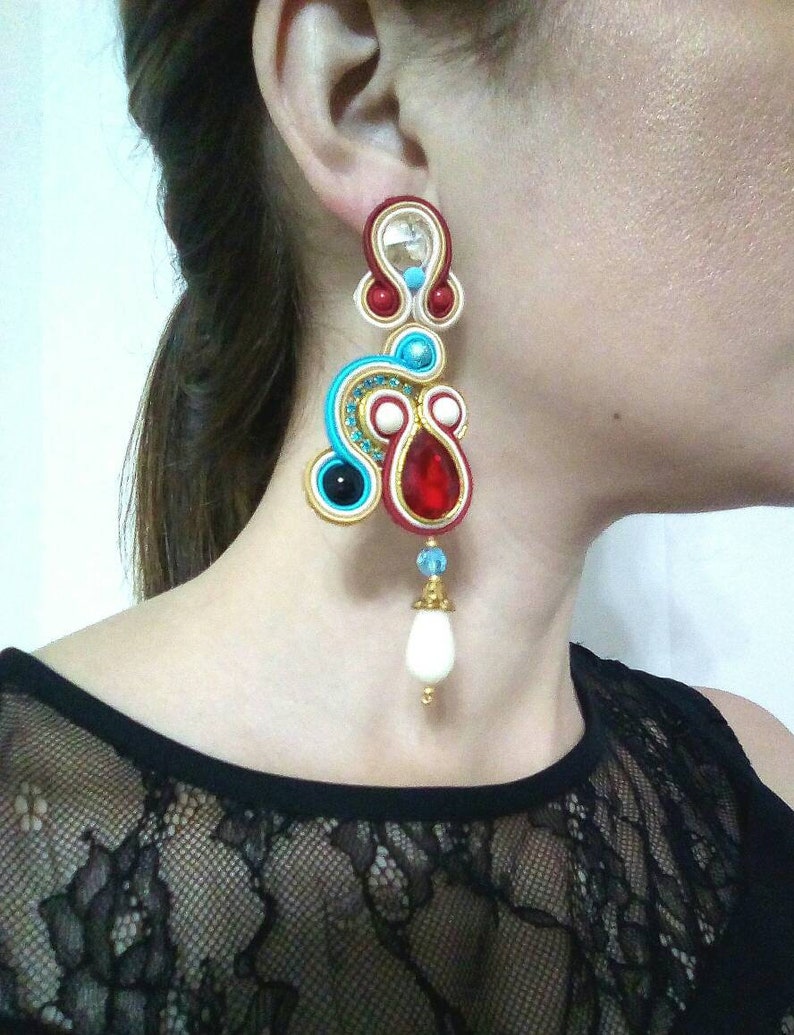 beach jewelry Red turquoise earrings soutache earrings Summer earrings