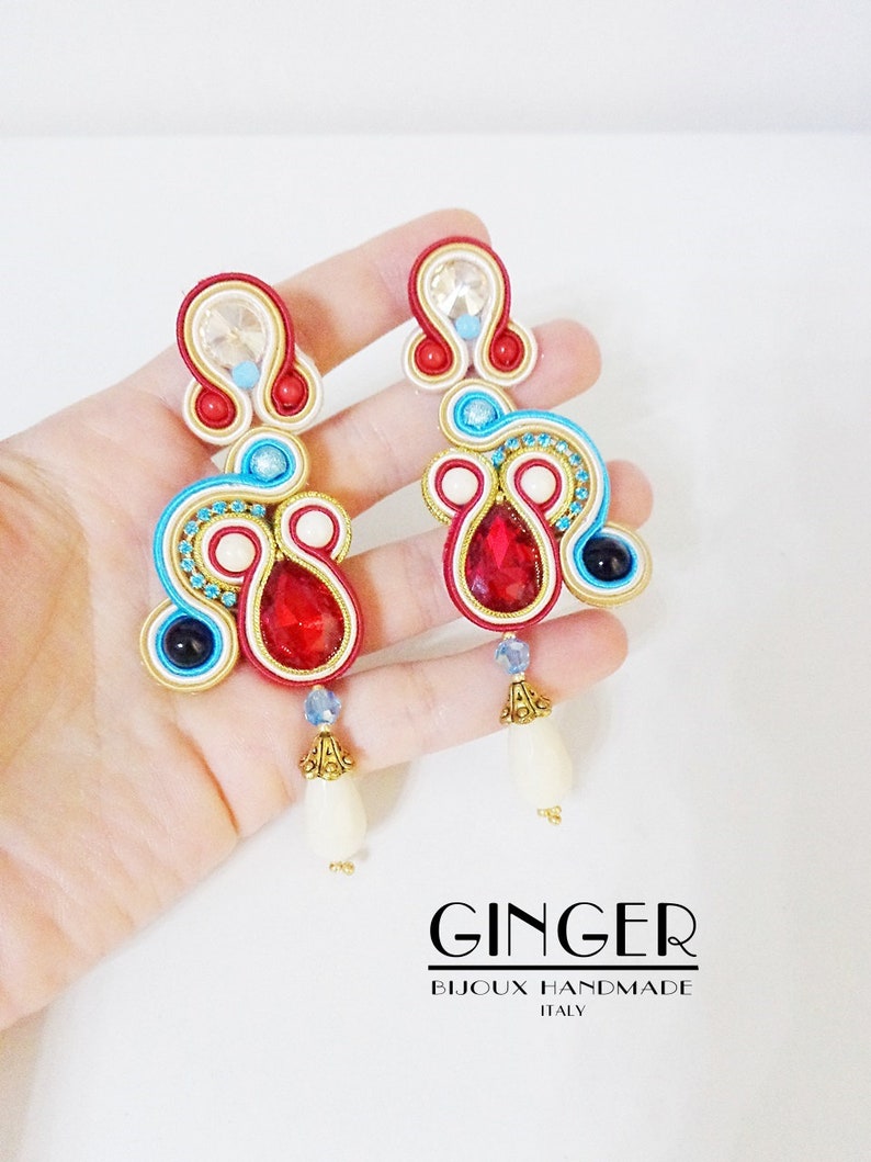 beach jewelry Red turquoise earrings soutache earrings Summer earrings