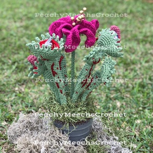 May include: A crocheted plant with multiple green and red stems and a single pink flower. The plant is in a gray pot and sitting on a bed of green moss.