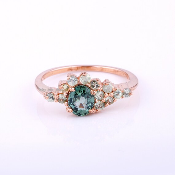 Ceres Ring Oval Teal Sapphire With Green Sapphires Engagement - Etsy