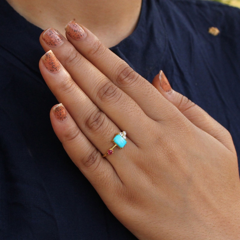 18k Yellow Gold Cabochon Ruby Wedding Cluster Ring 18k Baguette Arizona Turquoise With Trio Diamond Ring Handmade Fine Jewelry Christmas