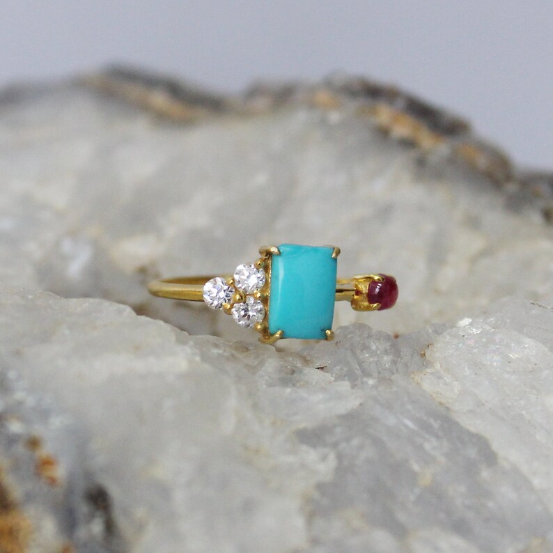 18k Yellow Gold Cabochon Ruby Wedding Cluster Ring 18k Baguette Arizona Turquoise With Trio Diamond Ring Handmade Fine Jewelry Christmas
