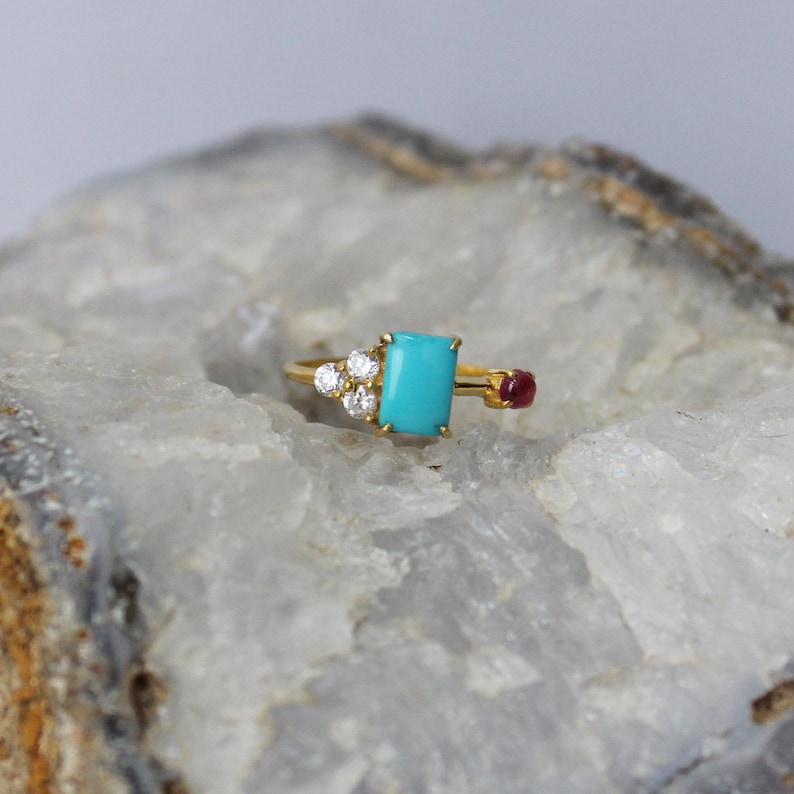 18k Yellow Gold Cabochon Ruby Wedding Cluster Ring 18k Baguette Arizona Turquoise With Trio Diamond Ring Handmade Fine Jewelry Christmas