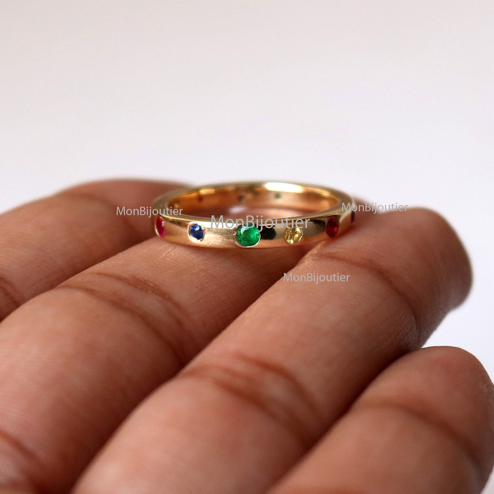 Rainbow Gemstones Wedding Band 14k Yellow Gold Stackable Etsy