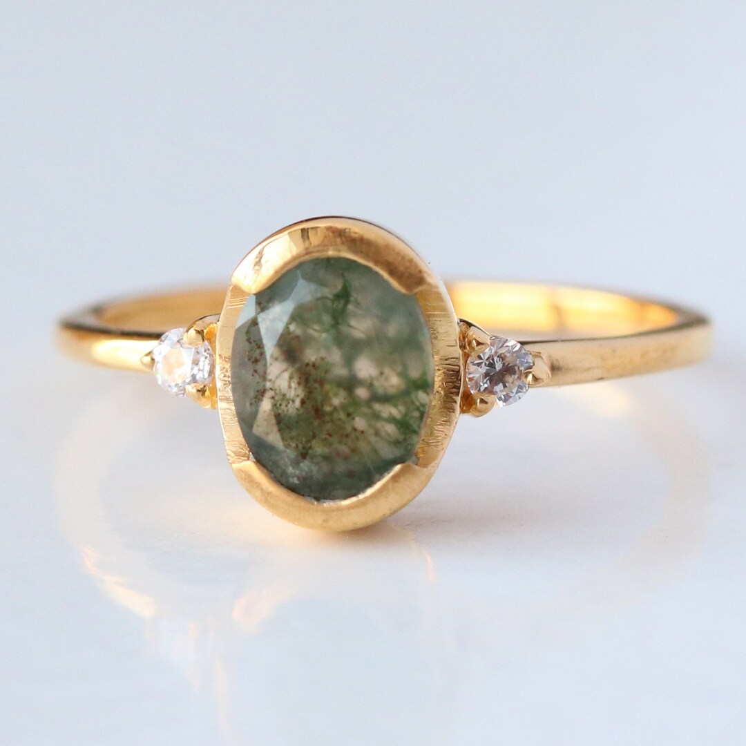 Oval Moss Agate Gemstone Ring in 14k Yellow Gold, Alternate Engagement ...