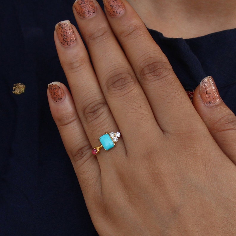 18k Yellow Gold Cabochon Ruby Wedding Cluster Ring 18k Baguette Arizona Turquoise With Trio Diamond Ring Handmade Fine Jewelry Christmas