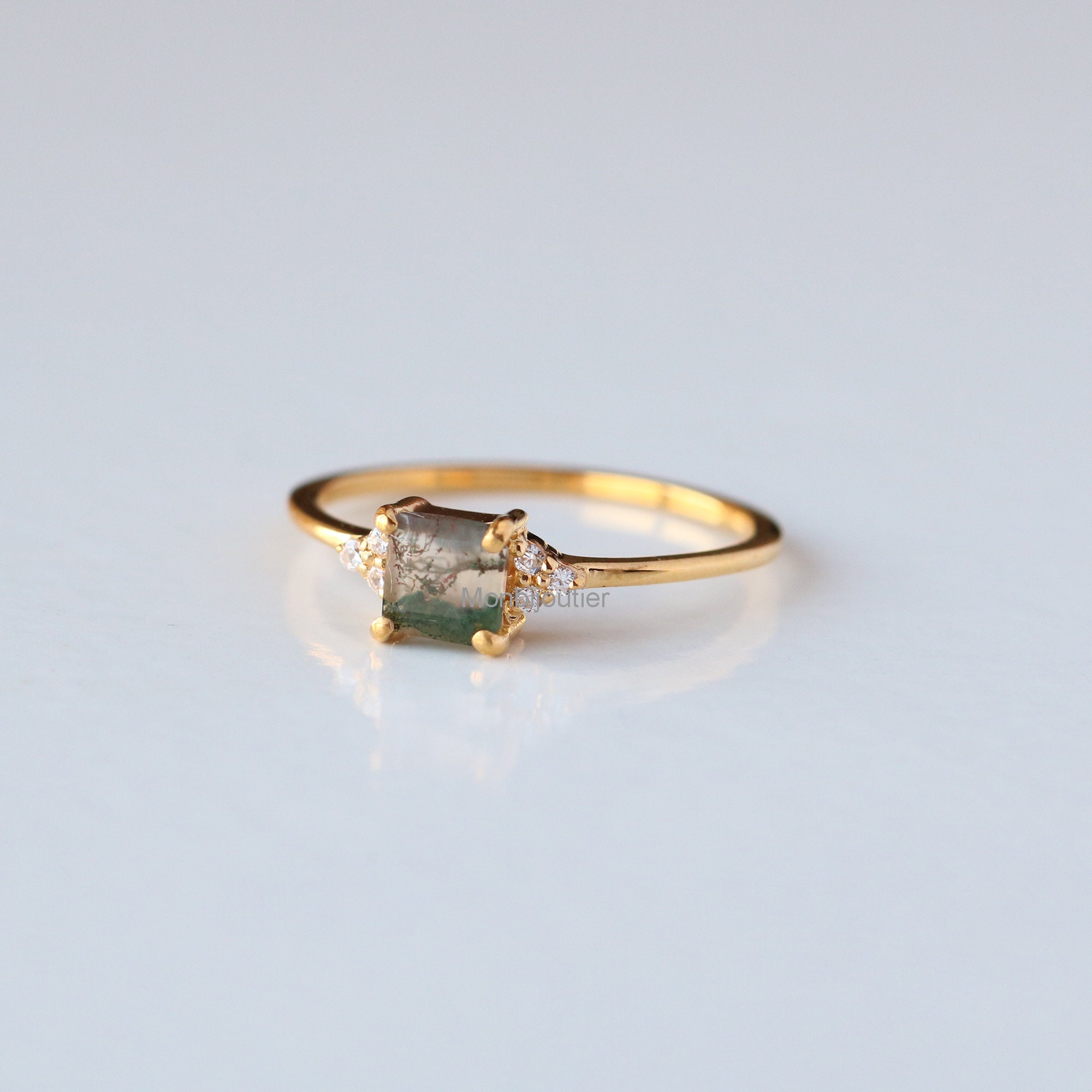 Princess Moss Agate Ring 14k Yellow Gold SI Diamond Band - Etsy
