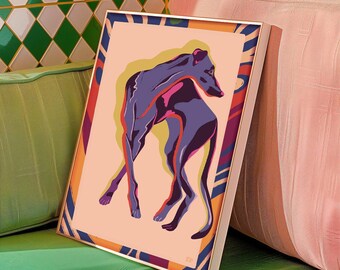 Retro Greyhound Art Print, Modern Sighthound Wall Decor Digital Download for Dog Lovers