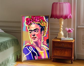 Maximalist Frida Kahlo Portrait Print , Vibrant Modern Feminist Wall Art Physical Paper Poster for Her