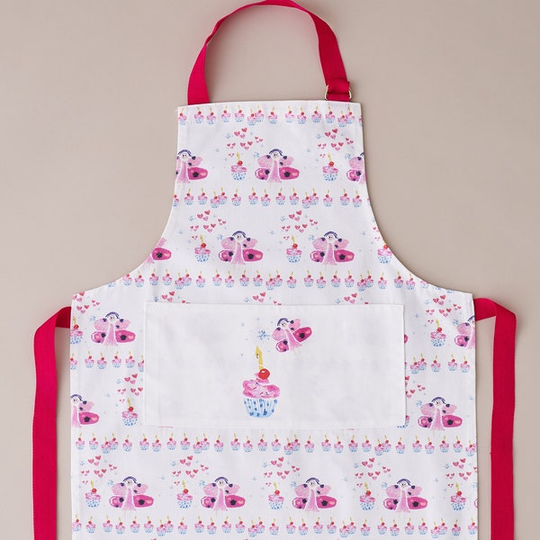 Tablier pour enfants Fairy Cupcake, avec poche //Pretty Pink Childs Cotton Apron// Girls Apron Baking and Craft// Machine Washable// Childrens Gift