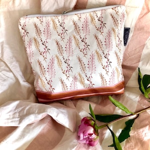 Large Make up or Wash Bag Botanical print / Roomy Zipped Toiletry Bag/Foliage pattern terracotta pink /Quality Modern Travel Gift for women