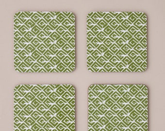 Set of 4 Green Contemporary Coasters  // Geometric Cork backed Coasters //Decorative Coasters // Drinks Coaster set// Modern Green Coasters