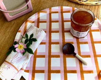 Round Sustainably Made Birch Wood Tray, Gingham Check // Burnt Orange & Pink // Modern Kitchen Décor // On trend Checkered Serving Tray