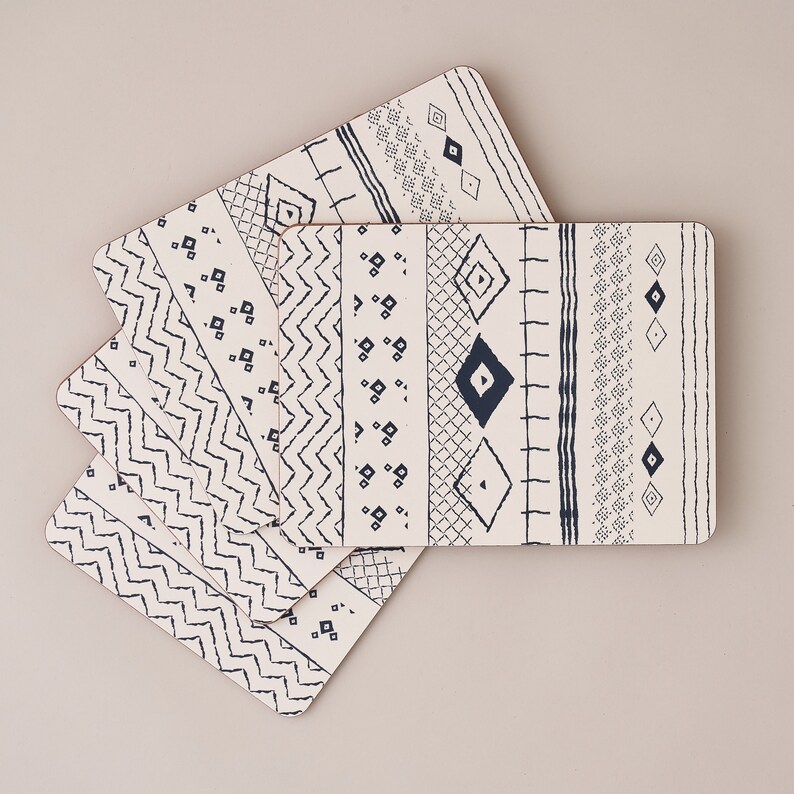 Set of 4 Boho Placemats // Dark Blue and cream placemat set Etsy