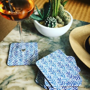 Set of 4 Herringbone Design Coasters // Cork backed Melamine Drinks Coasters // Blue and White Geometric Contemporary Coaster Set