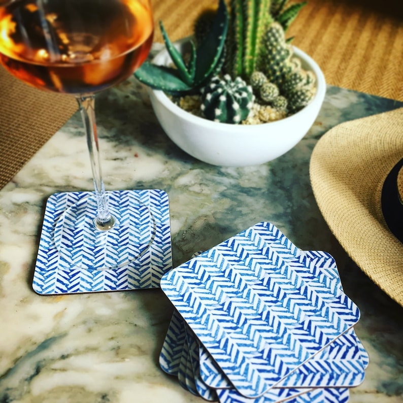 Set of 4 Herringbone Design Coasters // Cork Backed Melamine Drinks