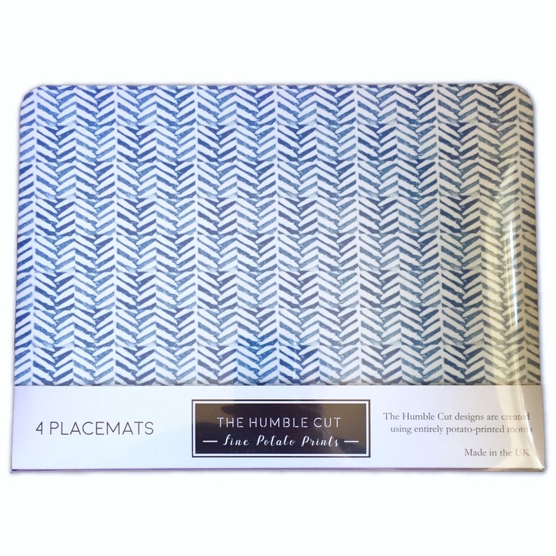 Set of 4 Herringbone Placemats // Blue Geometric Placemat set Etsy