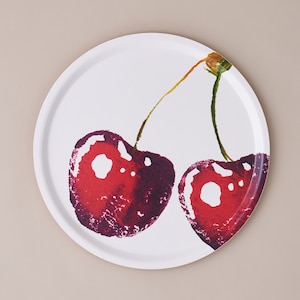 Round birch veneer printed Tray 38cm, Round Tray with Cherry Design, Swedish Serving Tray Handcrafted, Large design Drinks Tray