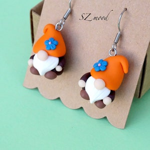 Gnome pendant earrings with flower - Polymer clay # 3