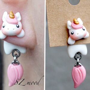 Funny white unicorn Earrings with body back - polymer clay - handmade