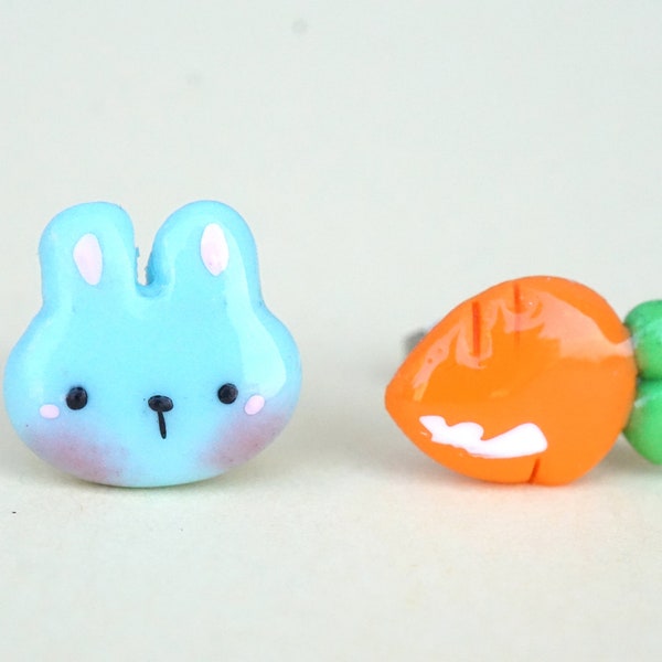 Boucles d'oreilles lobe lapin et carotte kawaii - mignonnes - argile polymère - résine - Funny