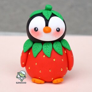 Cute Strawberry Penguin figurine polymer clay, handmade