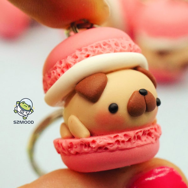 Kawaii pug in macaron keychain - polymer clay - handmade