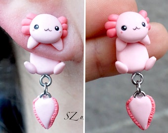 Funny Axolotls Earrings with body back - polymer clay - handmade