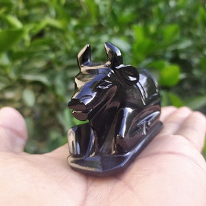 May include: A black obsidian bull figurine, a symbol of strength and prosperity, is shown on an open palm.