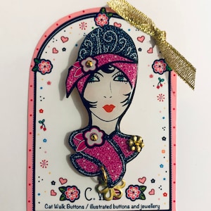 Art Deco Lady Brooch: Flapper Girl Illustrated Statement Pin