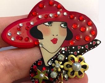 Handmade Art Deco Queen of Hearts Brooch: Illustrated Statement Jewelry