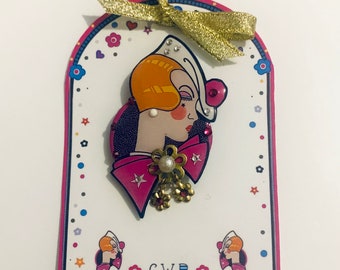 Handmade Art Deco Lady Brooch: Illustrated Summer Jewelry