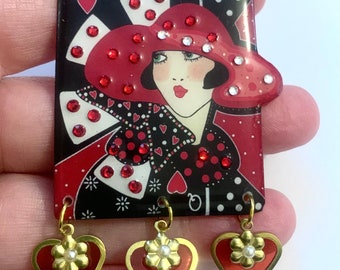 Deco inspired queen of hearts brooch