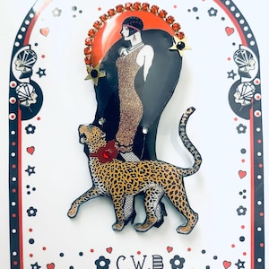 Art Deco Lady Leopard Brooch: Illustrated Flapper Jewelry