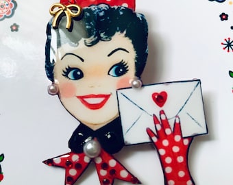 Handmade 50s Lady Brooch: Mid-Century Valentines Gift