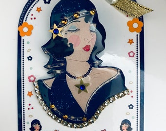 Art Deco Flapper Brooch: Rhinestone & Crystal Illustrated Jewelry