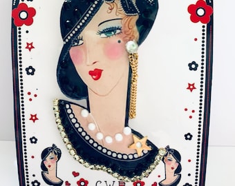 Art Deco Flapper Brooch: Illustrated Rhinestone & Crystal Jewelry